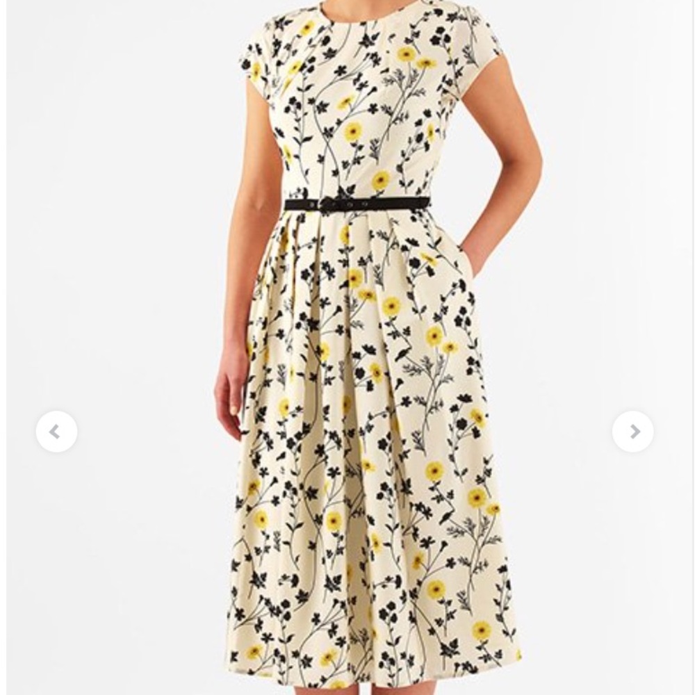 Pleat Neck Belted Floral Print Crepe Dress